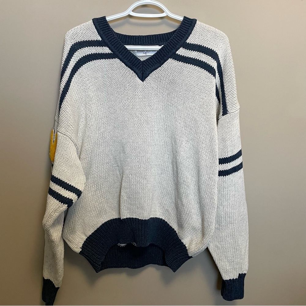 Vintage V-Neck Sweater with Navy Stripes & Compass Arm Patches